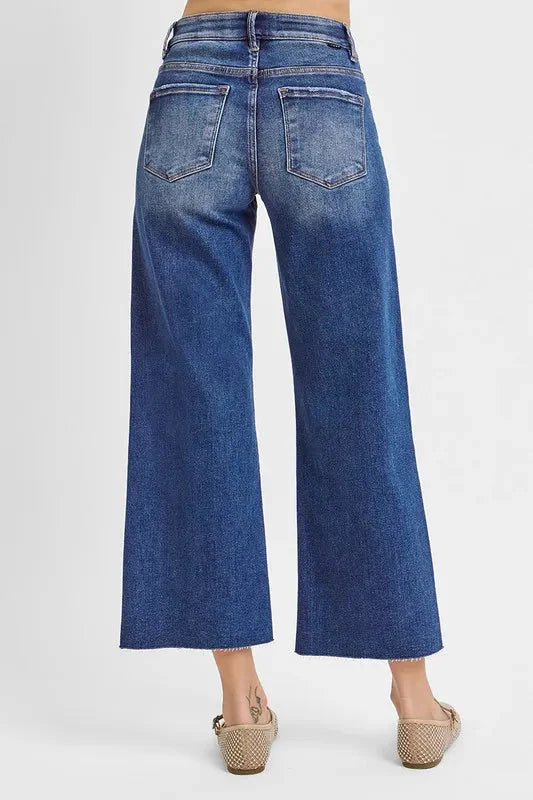 High Rise Raw Hem Cropped Wide Leg Jeans