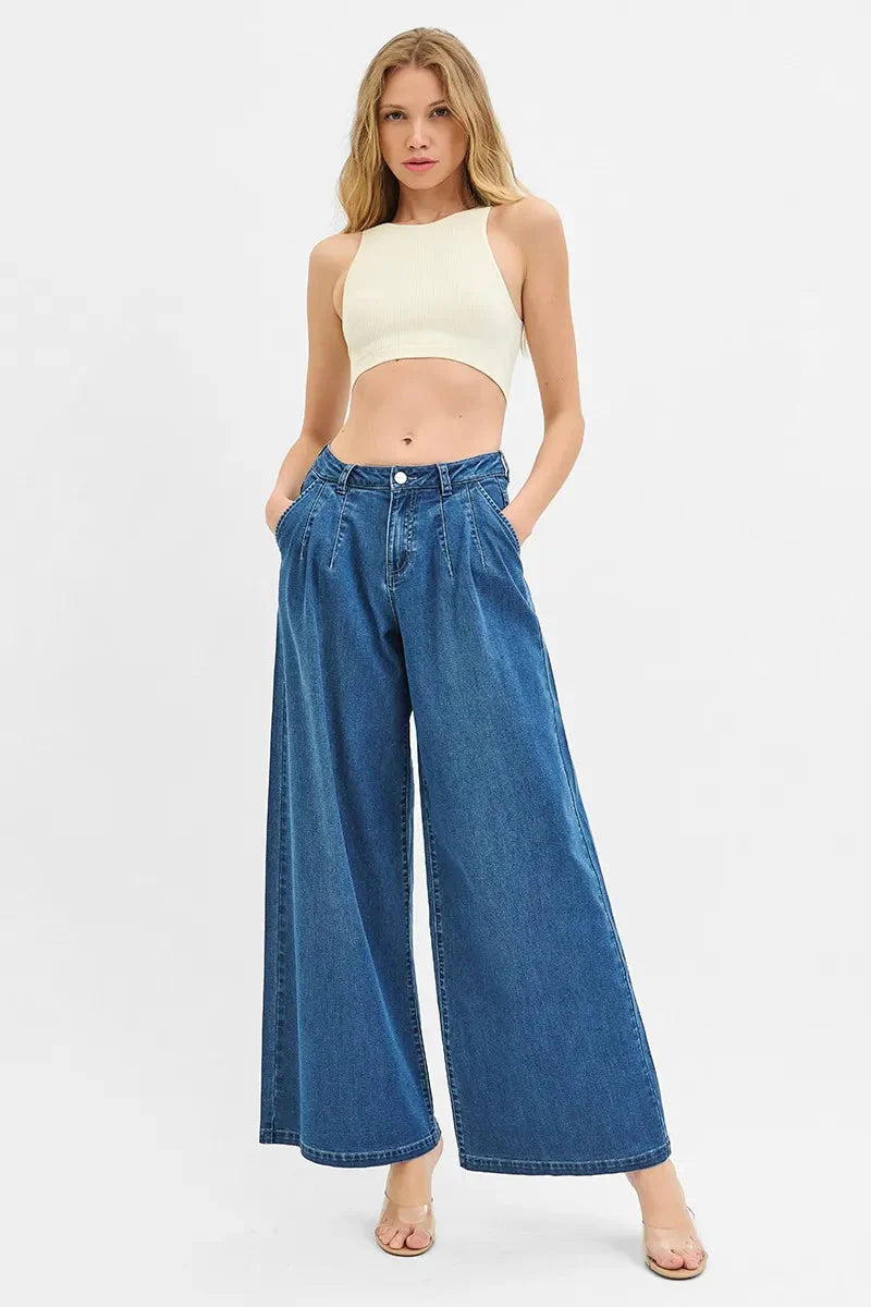 Mid Rise Wide Leg Knit Denim Palazzo Jeans