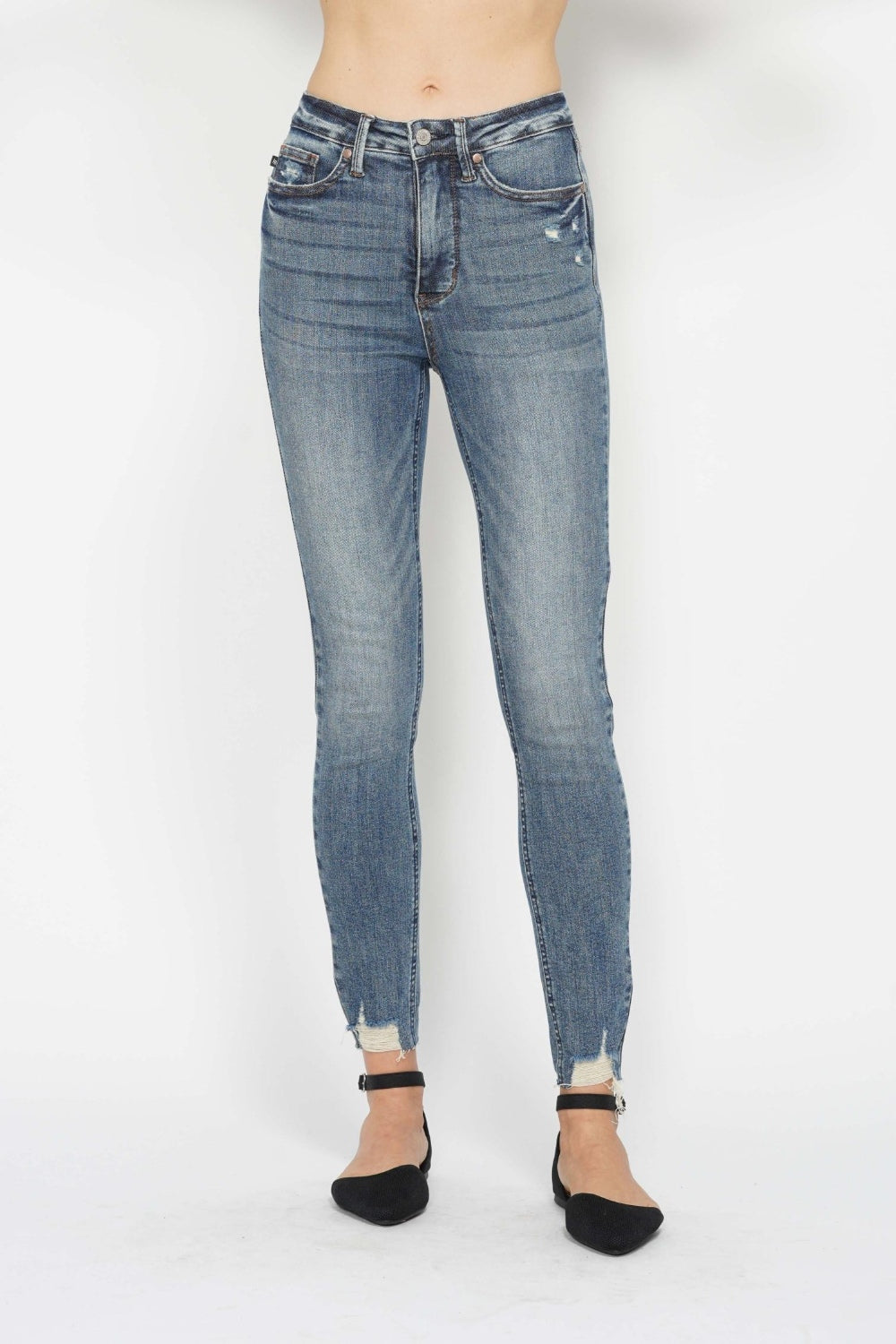 Tummy Control Vintage Wash Hem Destroy Skinny Jeans