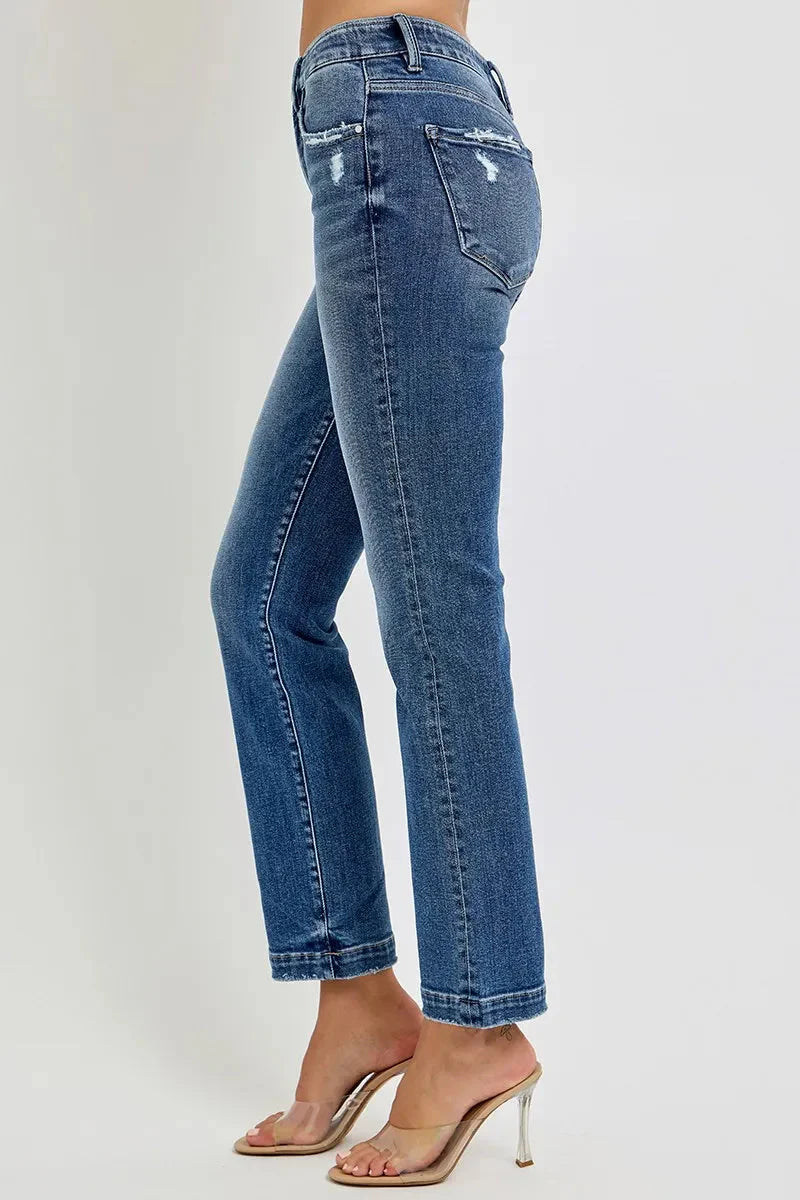 Tummy Control Elastic Band Mid Rise Straight Jeans