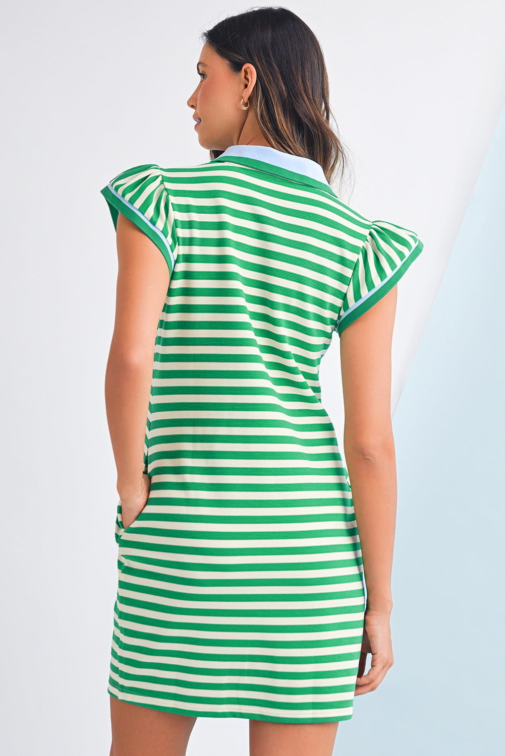 PRE-ORDER: Striped Ruffle Short Sleeve Pop of Color Neckline Dress