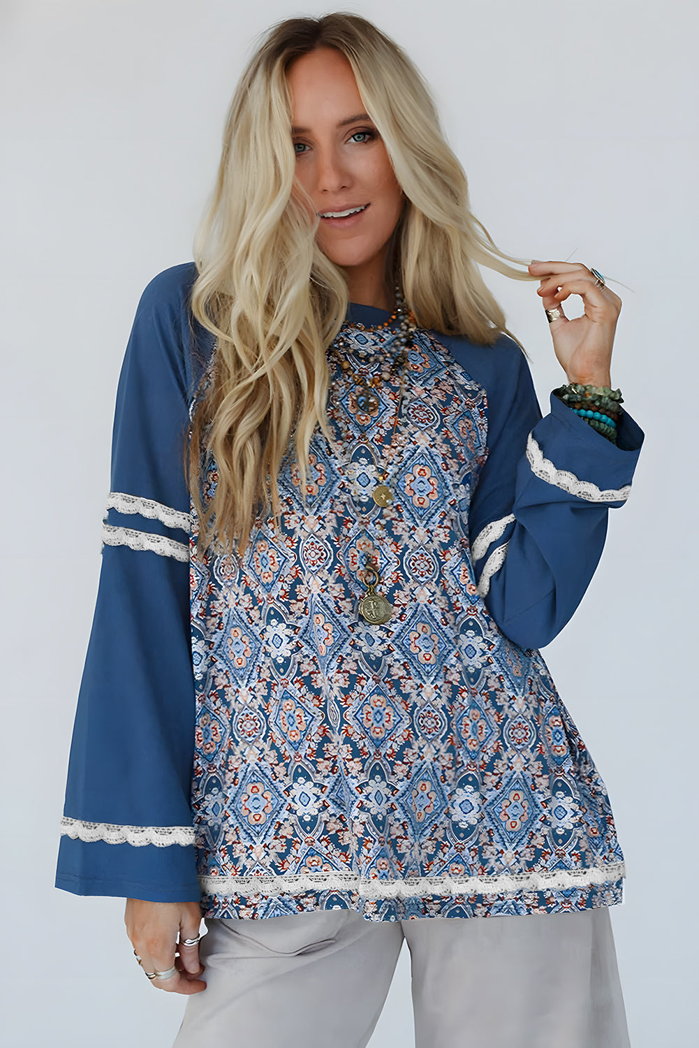 PRE-ORDER: Blue Boho Geometric Print Lace Raglan