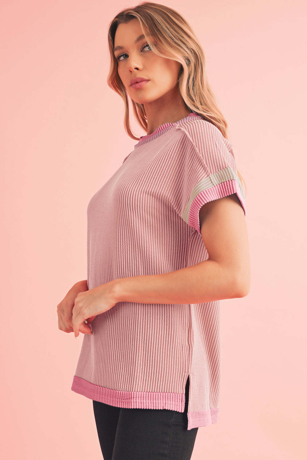 PRE-ORDER: Textured Contrast Color Round Neck T Shirt