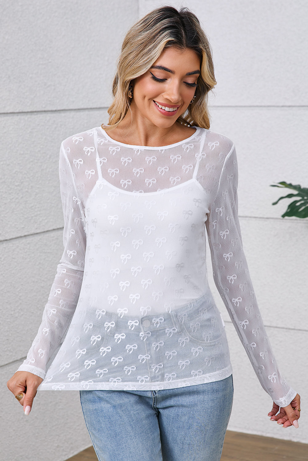PRE-ORDER: Bow Pattern Long Sleeve Slim Fit Mesh Top
