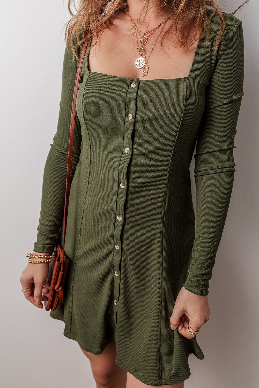 Green Ribbed Knit Square Neck Buttoned Long Sleeve Mini Dress