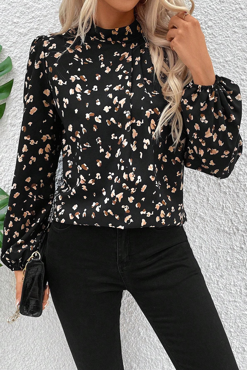 PRE-ORDER: Leopard Print Puff Sleeve Mock Neck Pleated Blouse