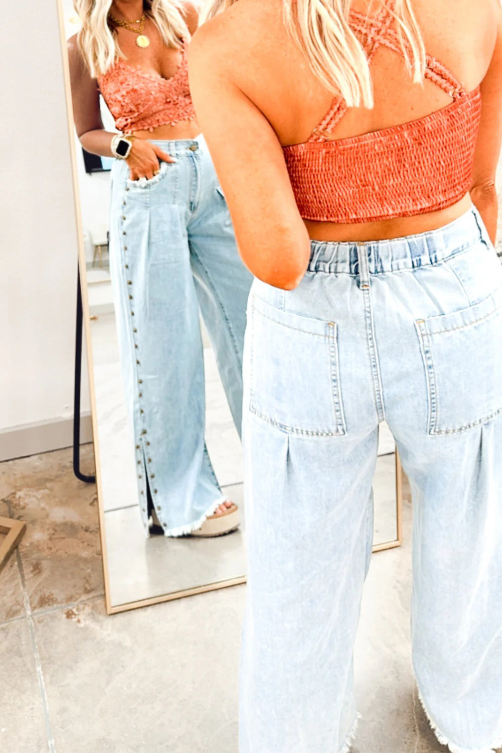 PRE-ORDER: Studded Side Slit Leg Frayed Pocketed Wide Leg Jeans