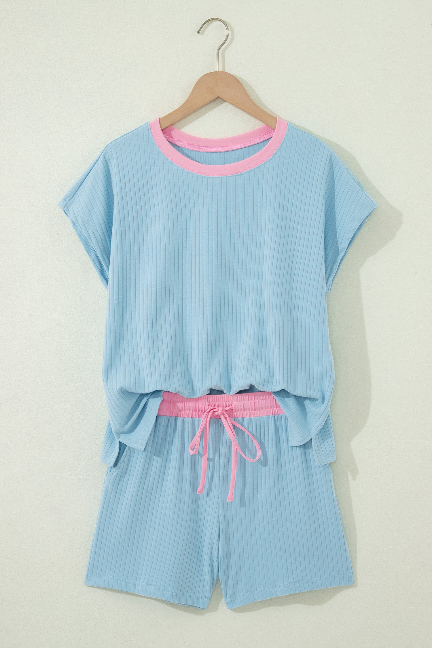 Soft Ribbed Color Block Trim Casual Short Set