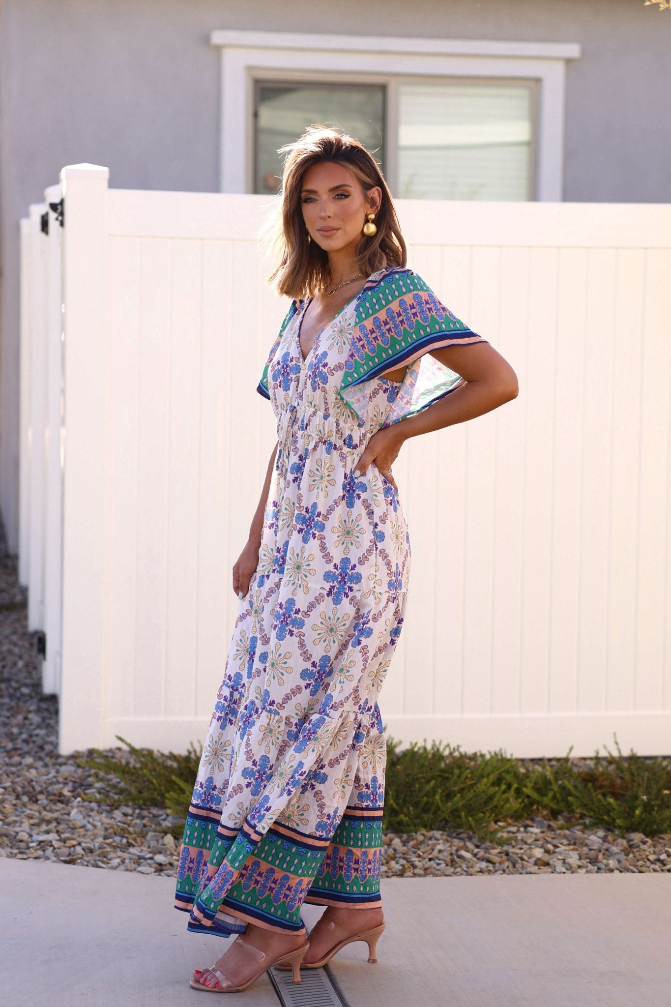 Claire Blue Print Tiered Maxi Dress