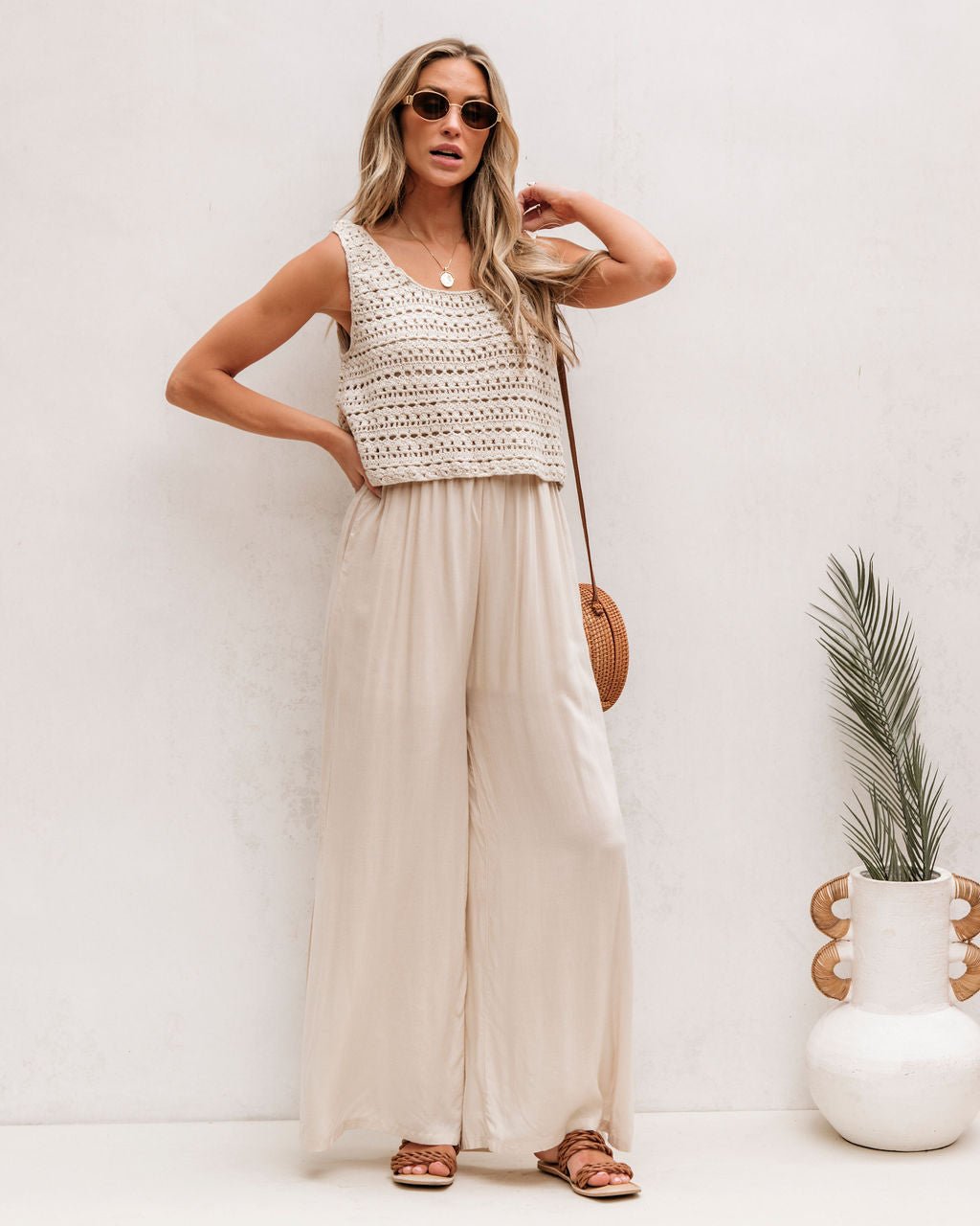 Cream Crochet Slit Jumpsuit