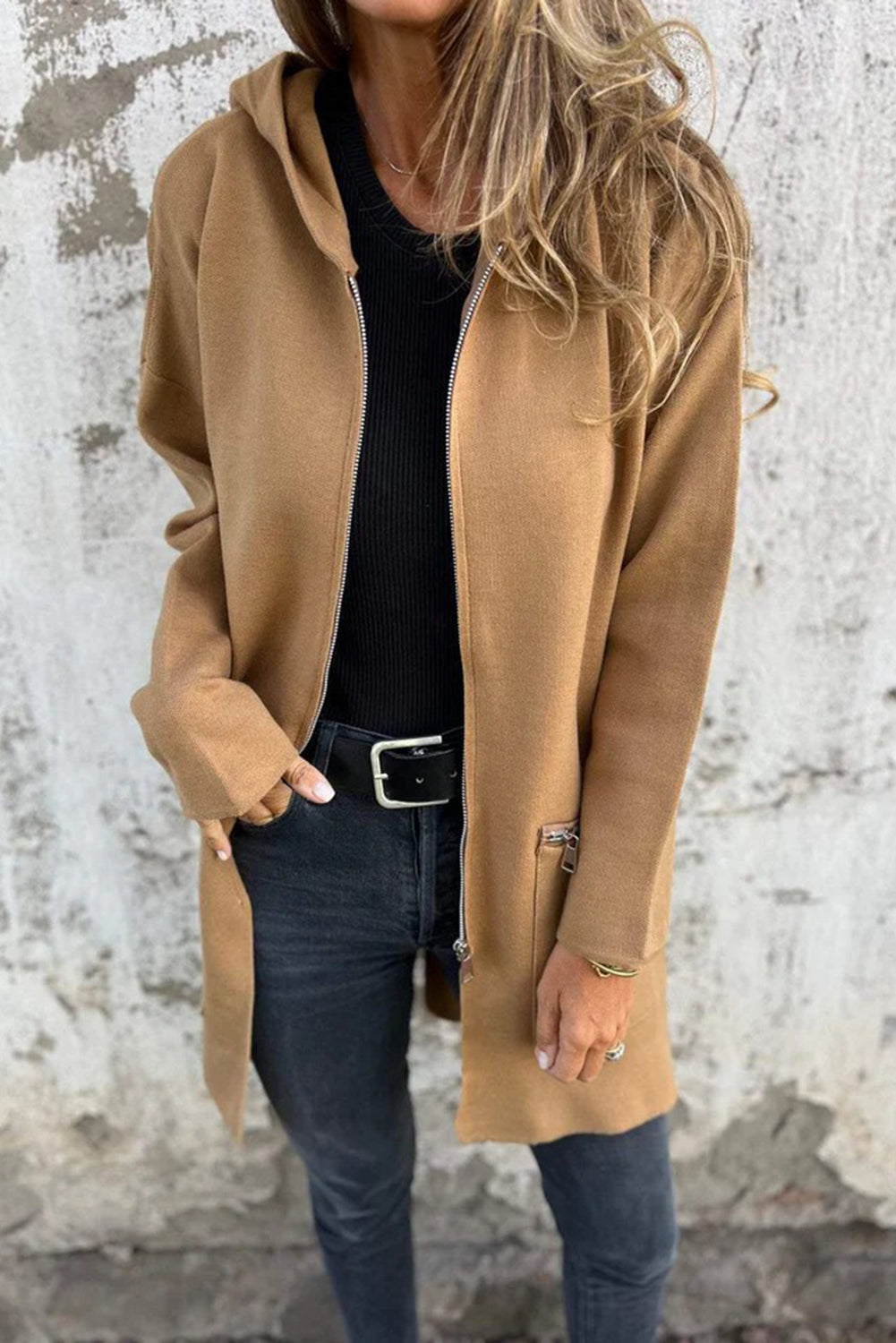 Light French Beige Casual Zip up Hooded Coat