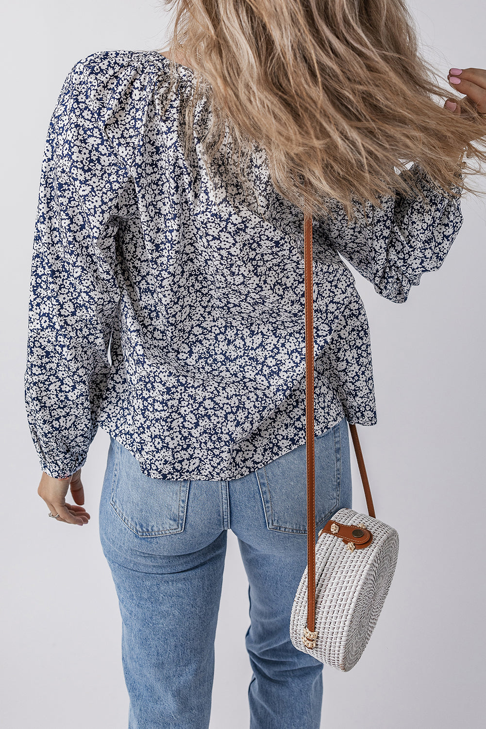 Blue Floral Print V Neck Puff Sleeve Blouse