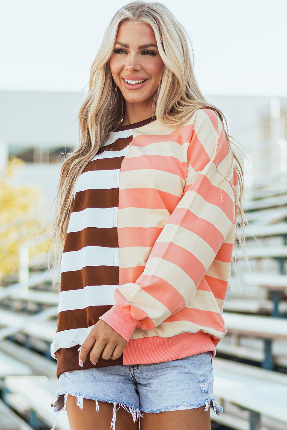 Striped Color Block Drop Shoulder Pullover