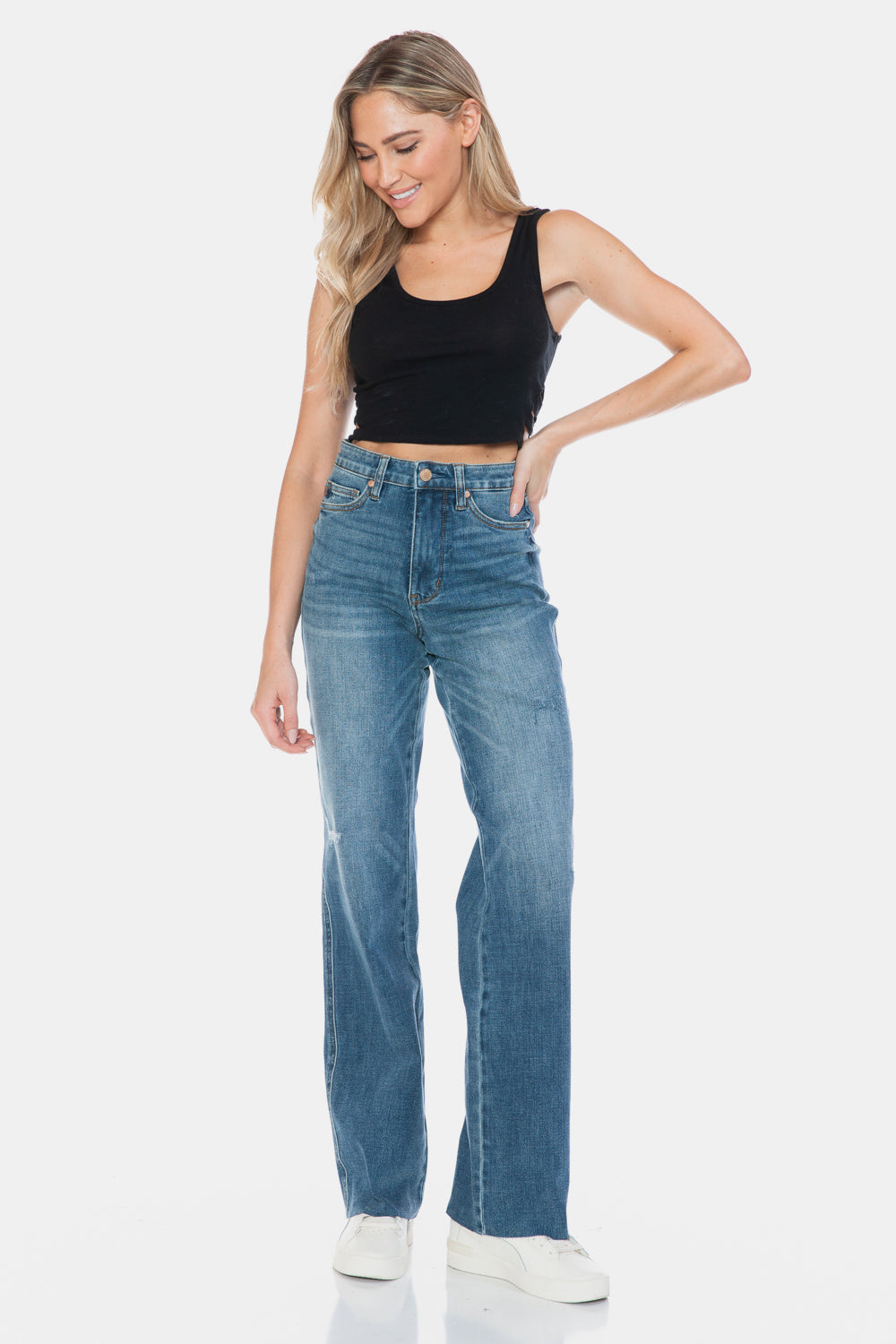 Tummy Control Cut Raw Hem Straight Jeans