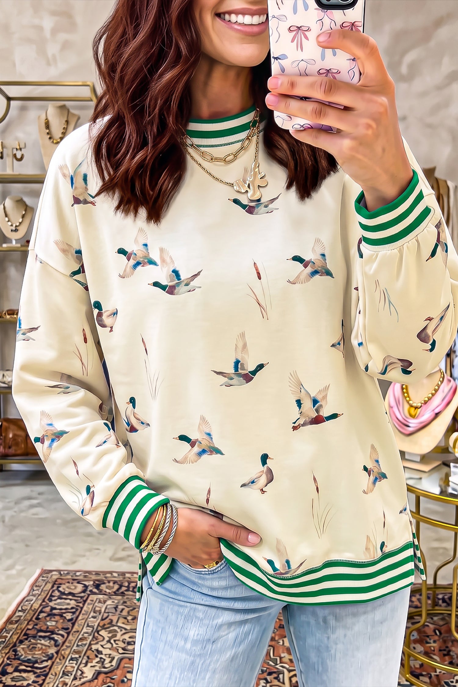 PRE-ORDER: Beige Duck Print Casual Sweatshirt