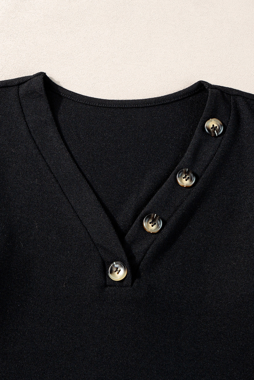 Buttoned V Neck Ribbed Puff Sleeve Top