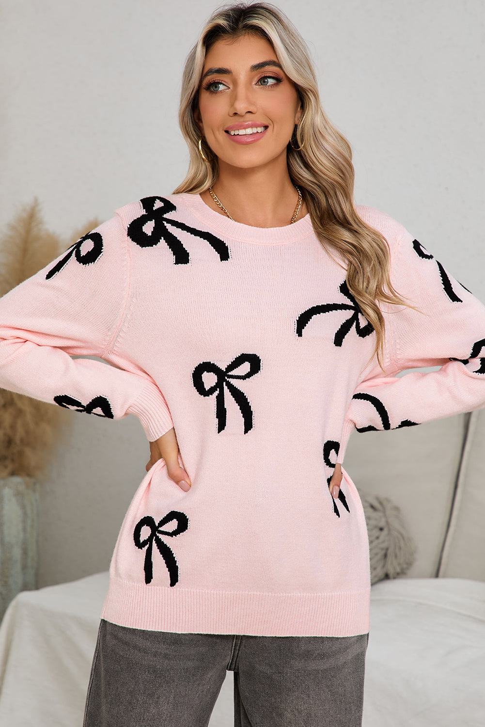 PRE-ORDER: Light Pink Bow Print Long Sleeve Loose Fit Sweater