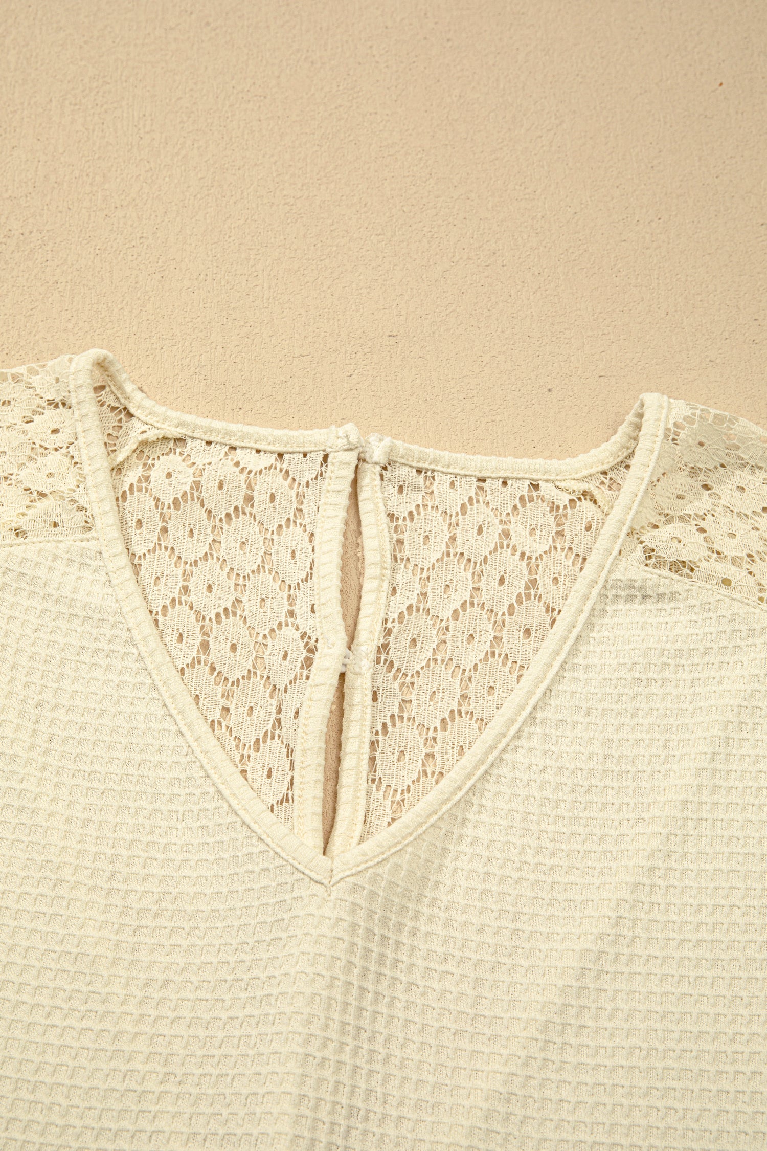 PRE-ORDER: Lace Splicing Button V Neck Waffle Knit Blouse
