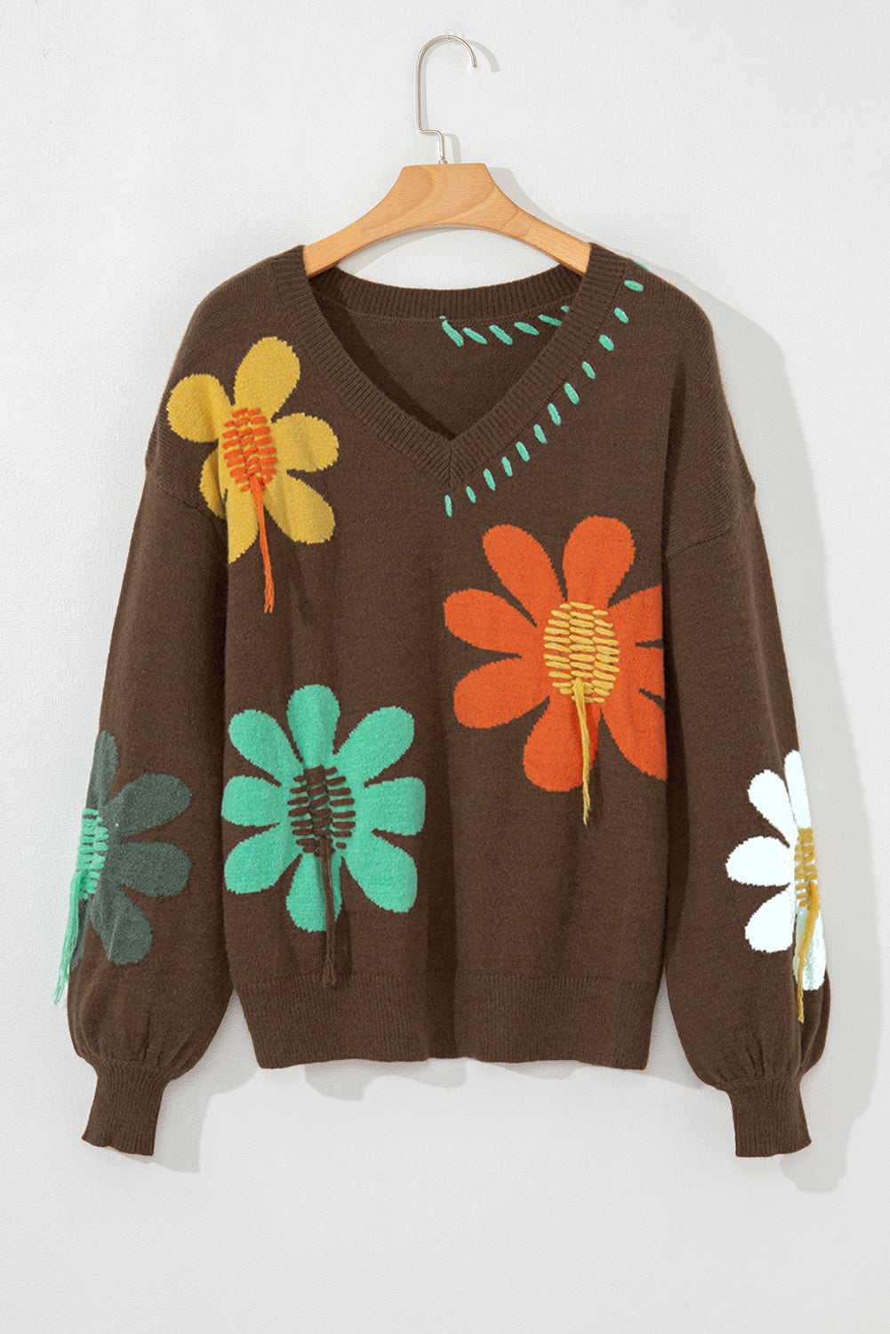 Flower Pattern V Neck Drop Shoulder Sweater