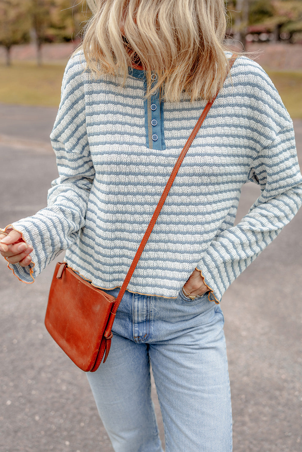 Striped Textured Frilly Trim Henley Long Sleeve Top
