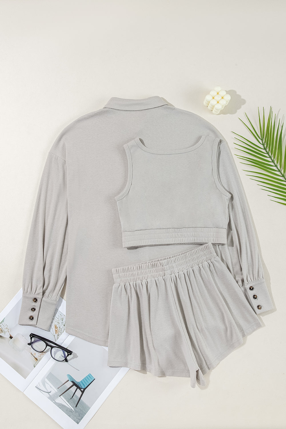 PRE-ORDER: Shirred Hem Crop Tank Top Loose Shorts Cardigan 3 Piece Pajama Set