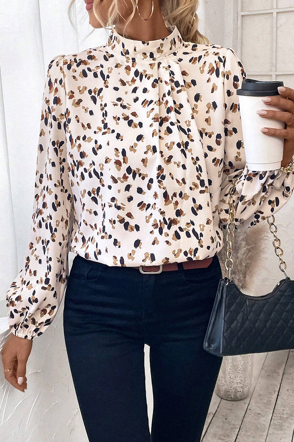 PRE-ORDER: Leopard Print Puff Sleeve Mock Neck Pleated Blouse