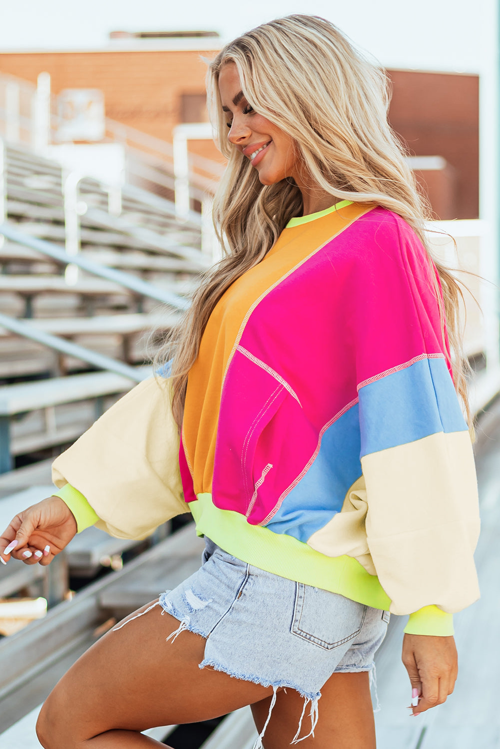 Colorblock Patchwork Exposed Stitching Oversized Top