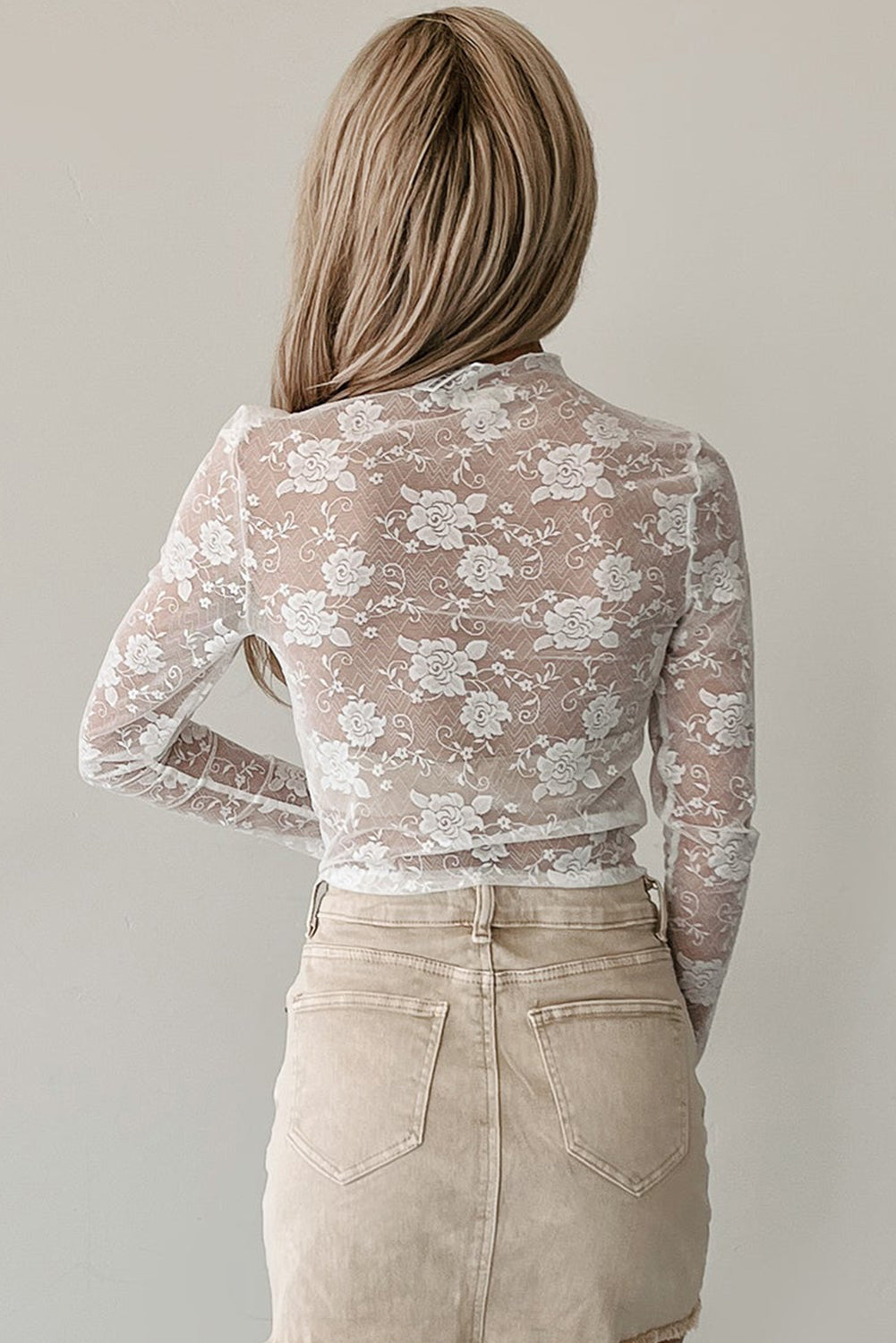 PRE-ORDER: Mock Neck Floral Lace Mesh Long Sleeve Top