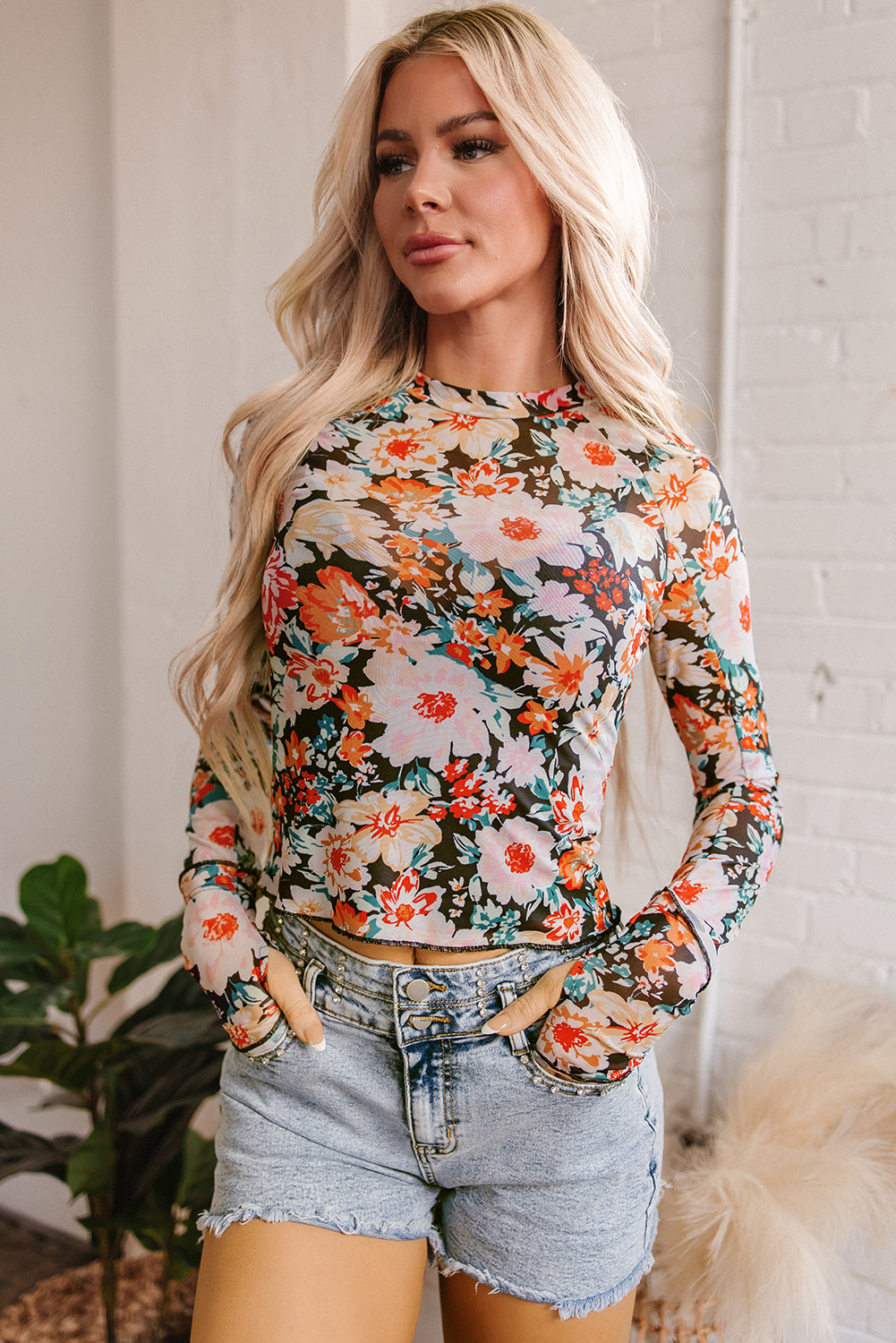 Orange Floral Mesh Long Sleeve Top