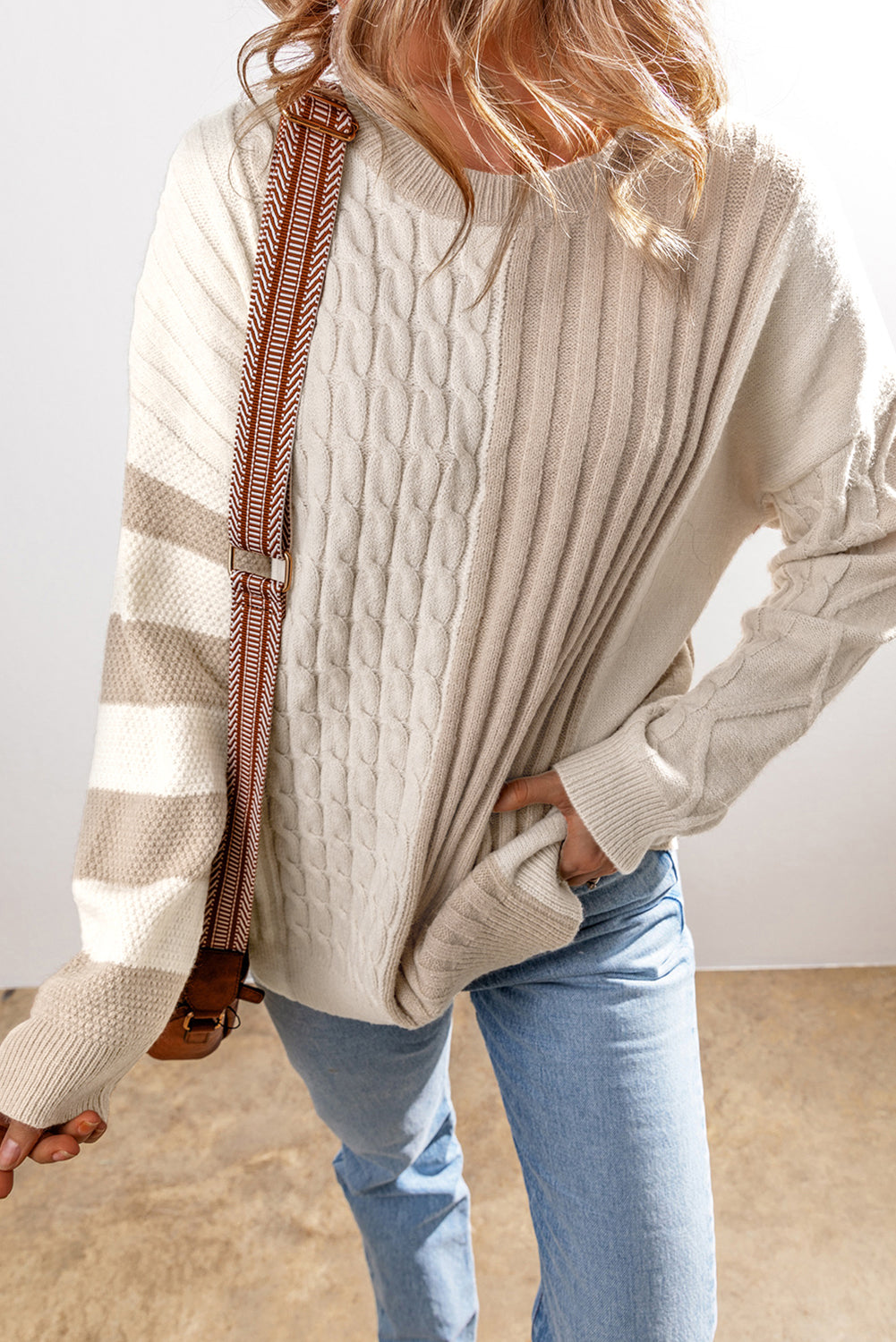 Khaki Cable Knit Colorblock Drop Shoulder Sweater