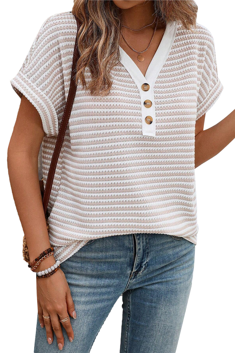 PRE-ORDER: Khaki Striped Button Front V Neck Knitted Top