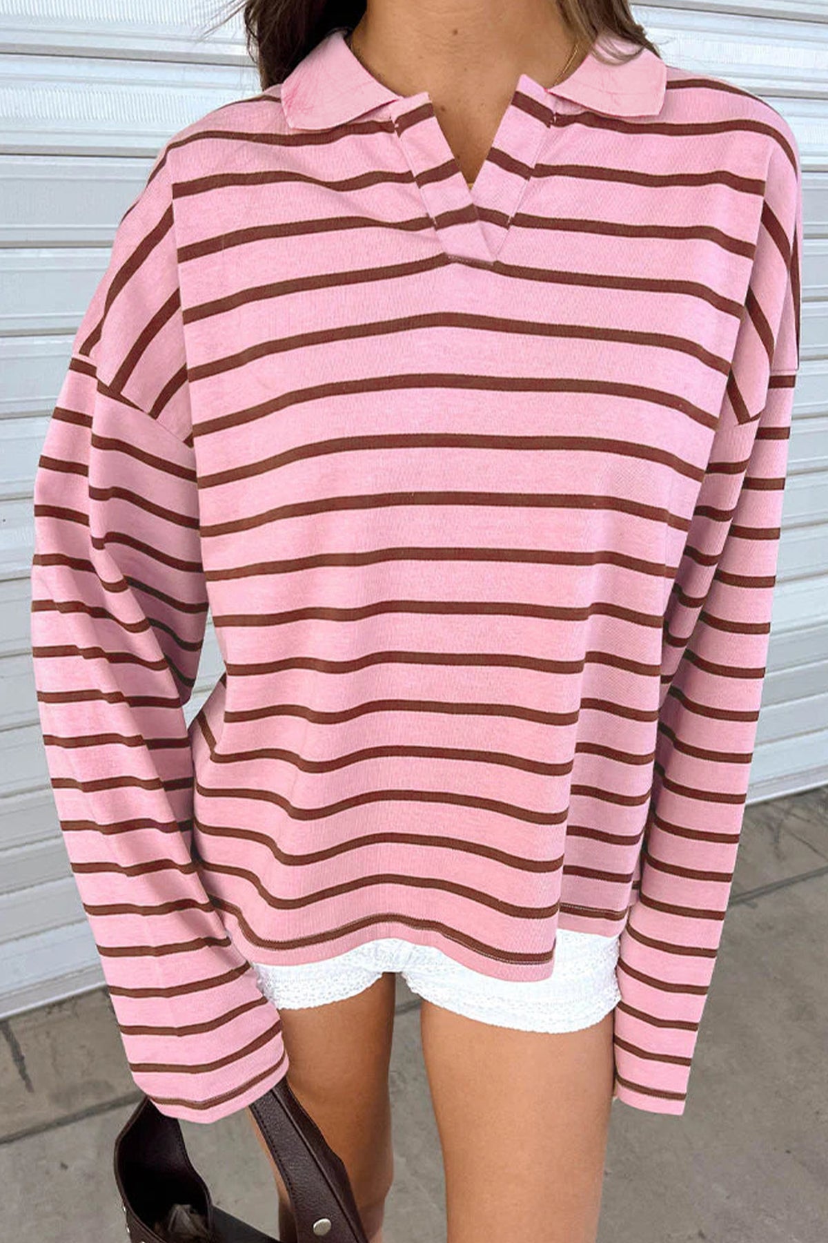 PRE-ORDER: Pink Striped Long Sleeve Collar Shift Top