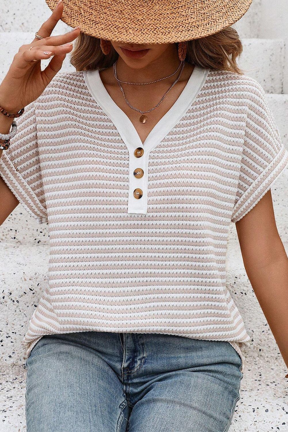 PRE-ORDER: Khaki Striped Button Front V Neck Knitted Top