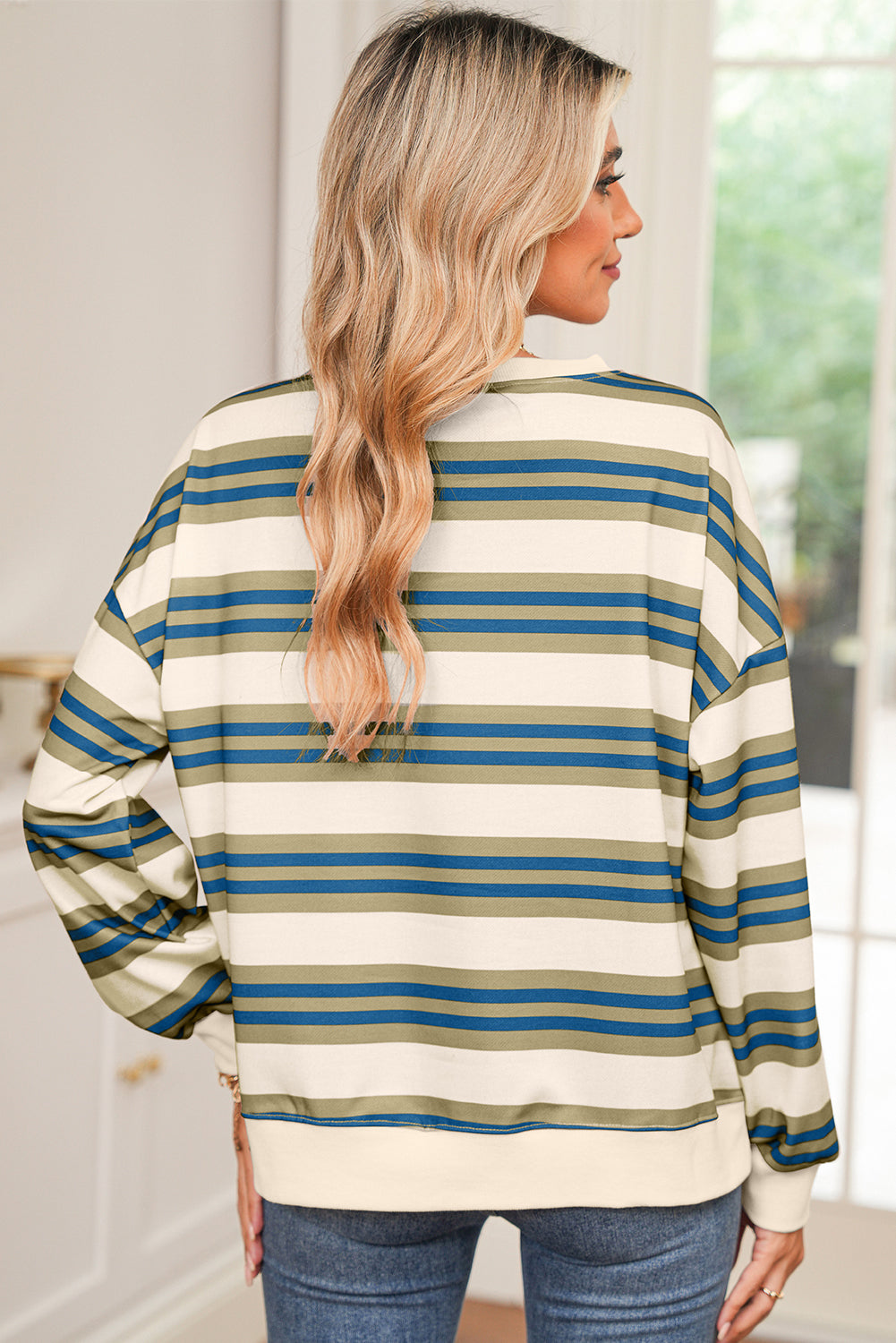 PRE-ORDER: Striped Crew Neck Drop Shoulder Pullover Sweatshirt