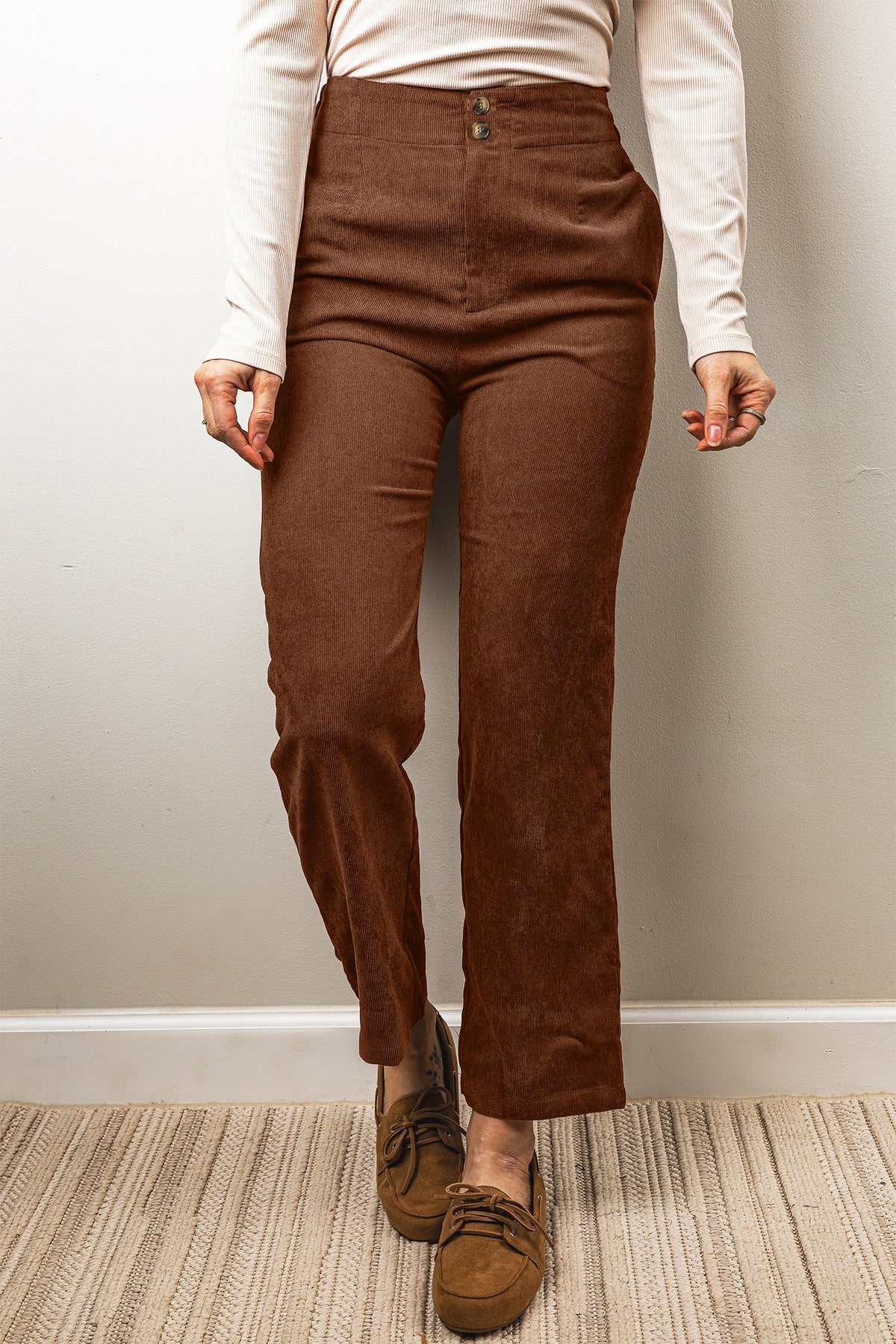 PRE-ORDER: Coffee Elastic Waist Straight Leg Ankle Length Corduroy Pants