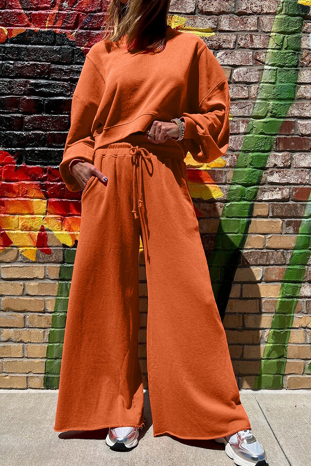Drop Shoulder Crop Pullover Drawstring Wide Leg Pants Set