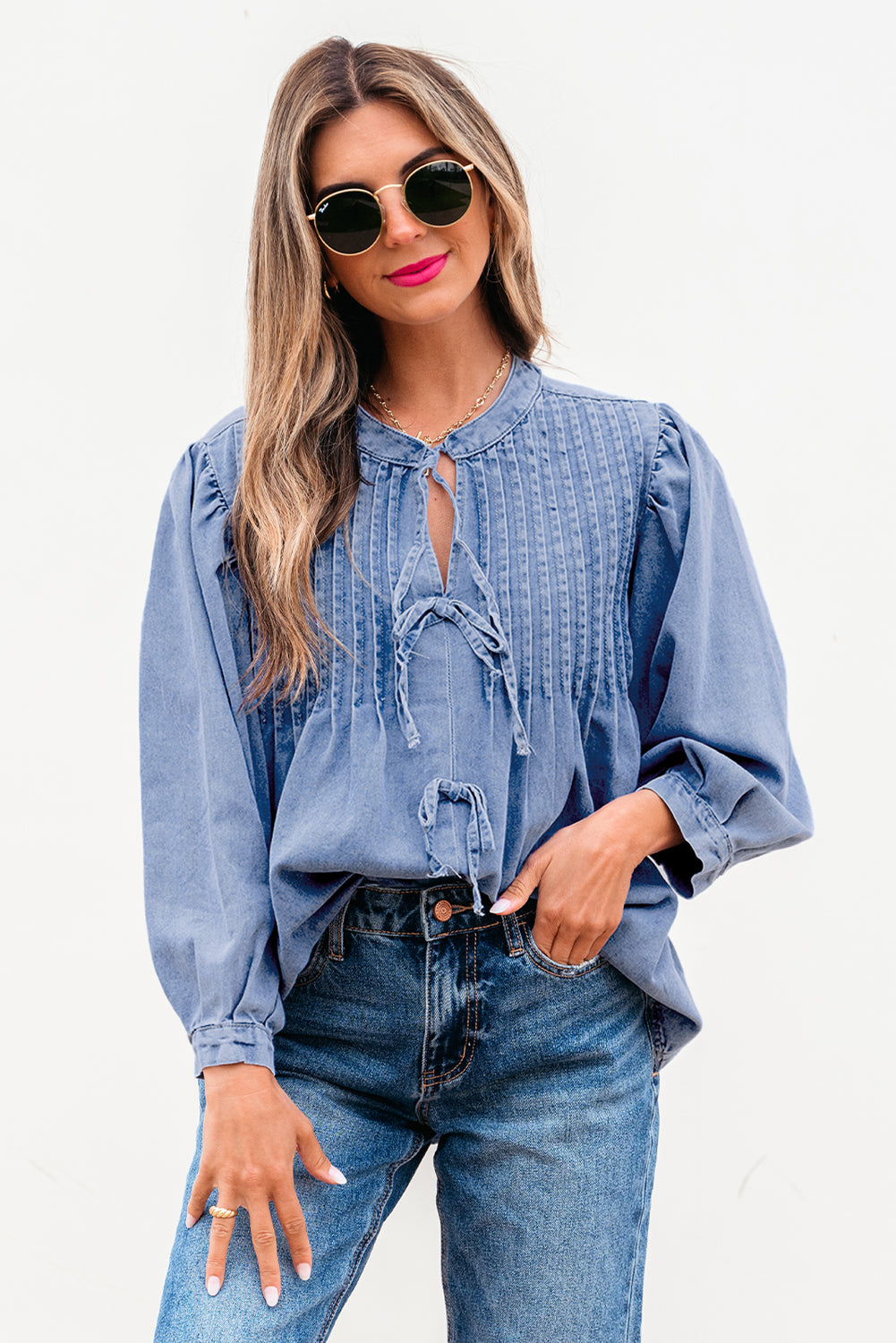Denim Blue Front Pintuck Bow Tie Puff Sleeve Blouse