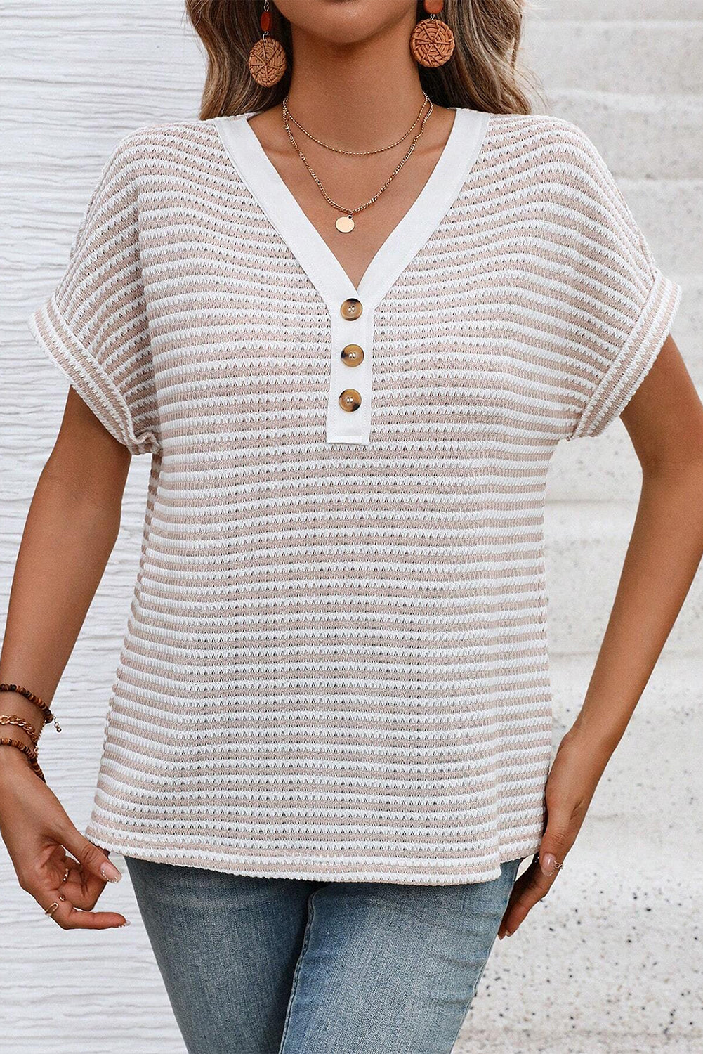 PRE-ORDER: Khaki Striped Button Front V Neck Knitted Top