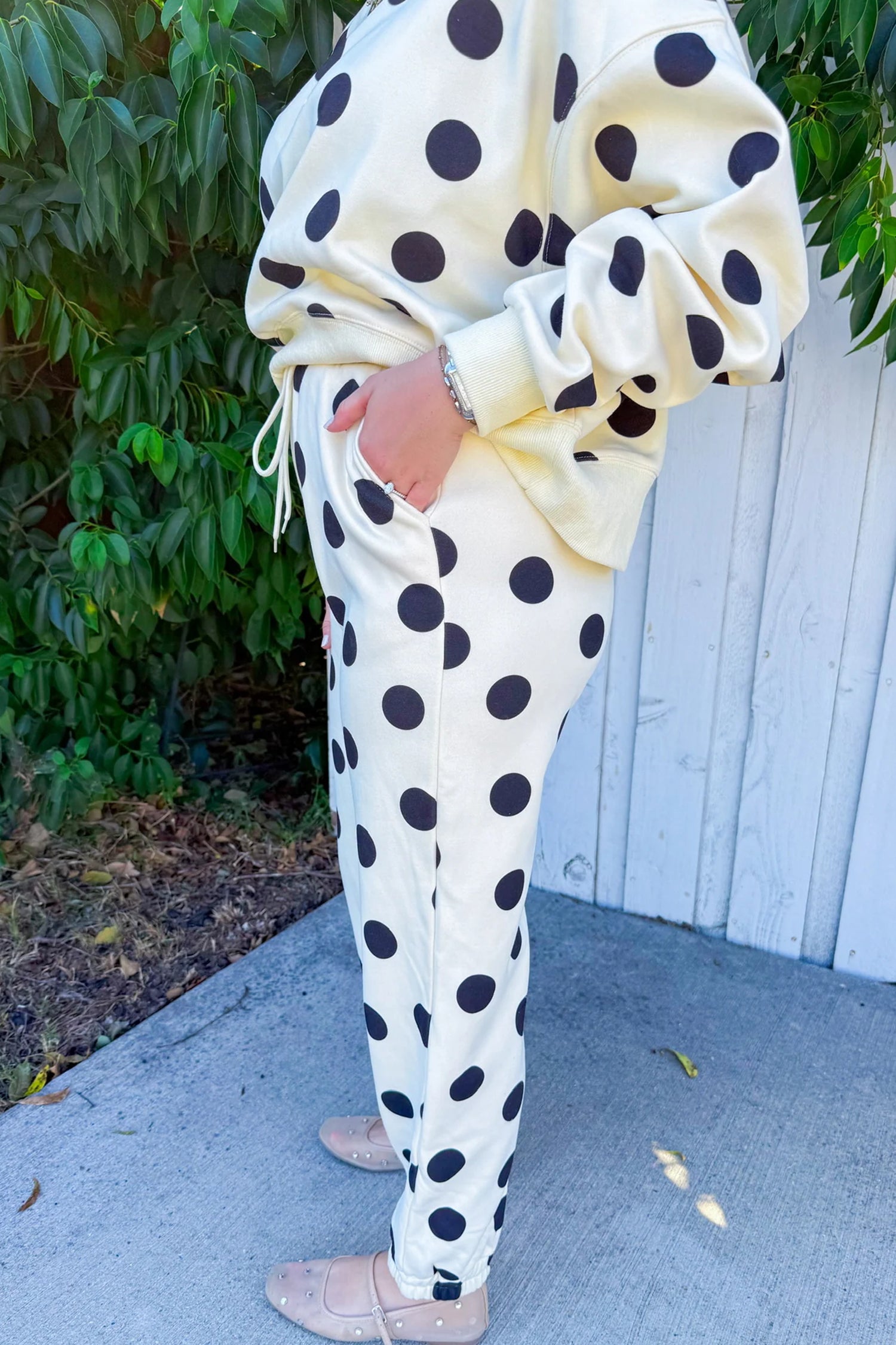 PRE-ORDER: Polka Dot Print Drop Shoulder Pullover Drawstring Jogger Pant Set