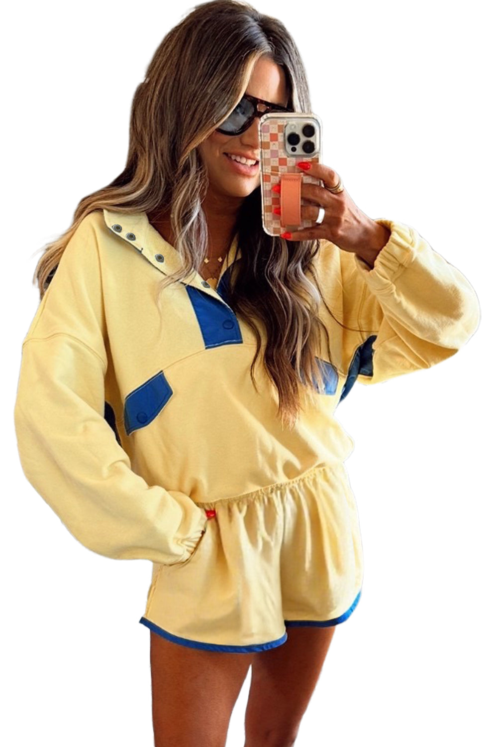 PRE-ORDER: Colorblock Patchwork Half Button Pullover and Shorts Outfit