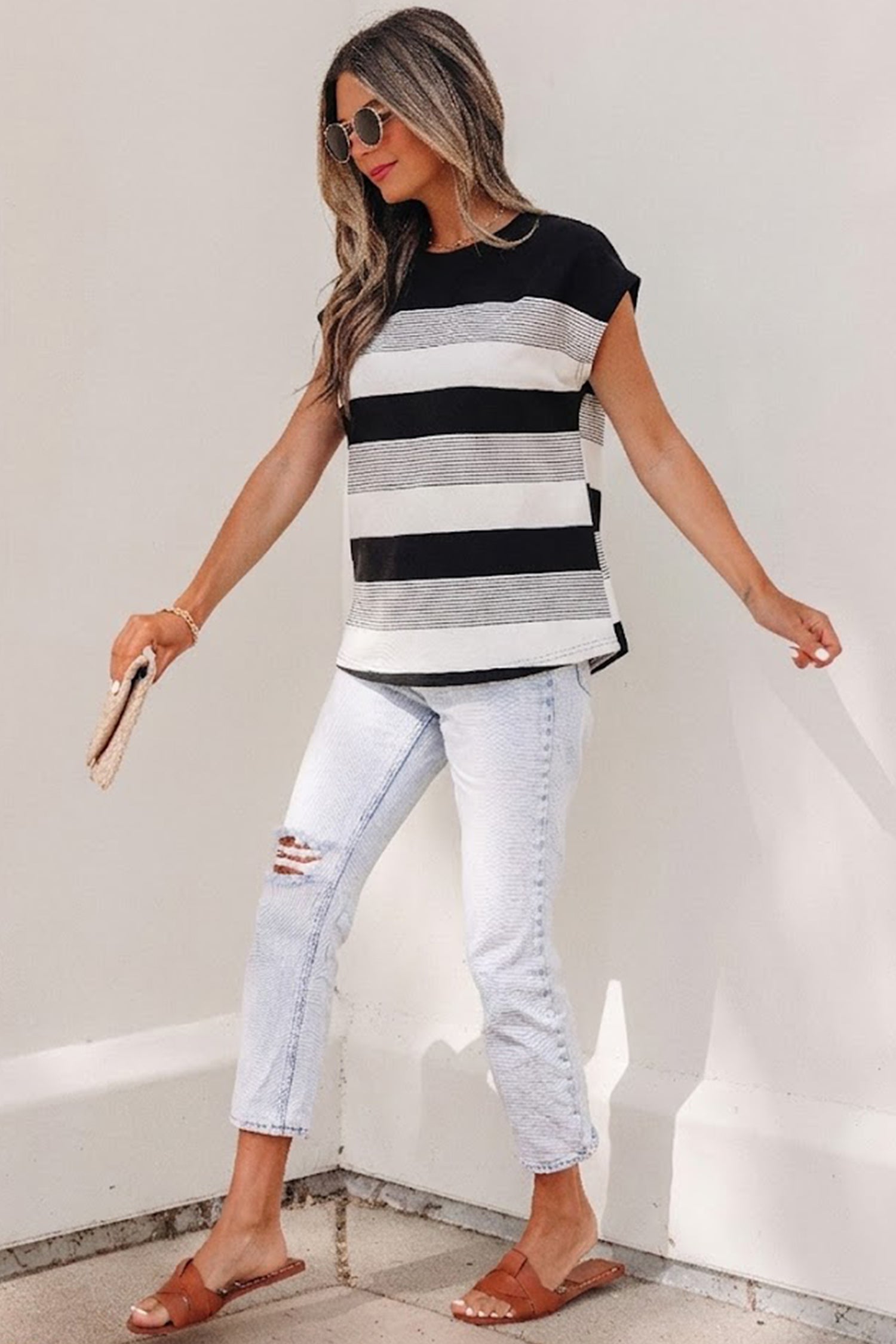 PRE-ORDER: Striped Crew Neck Cap Sleeve Tee