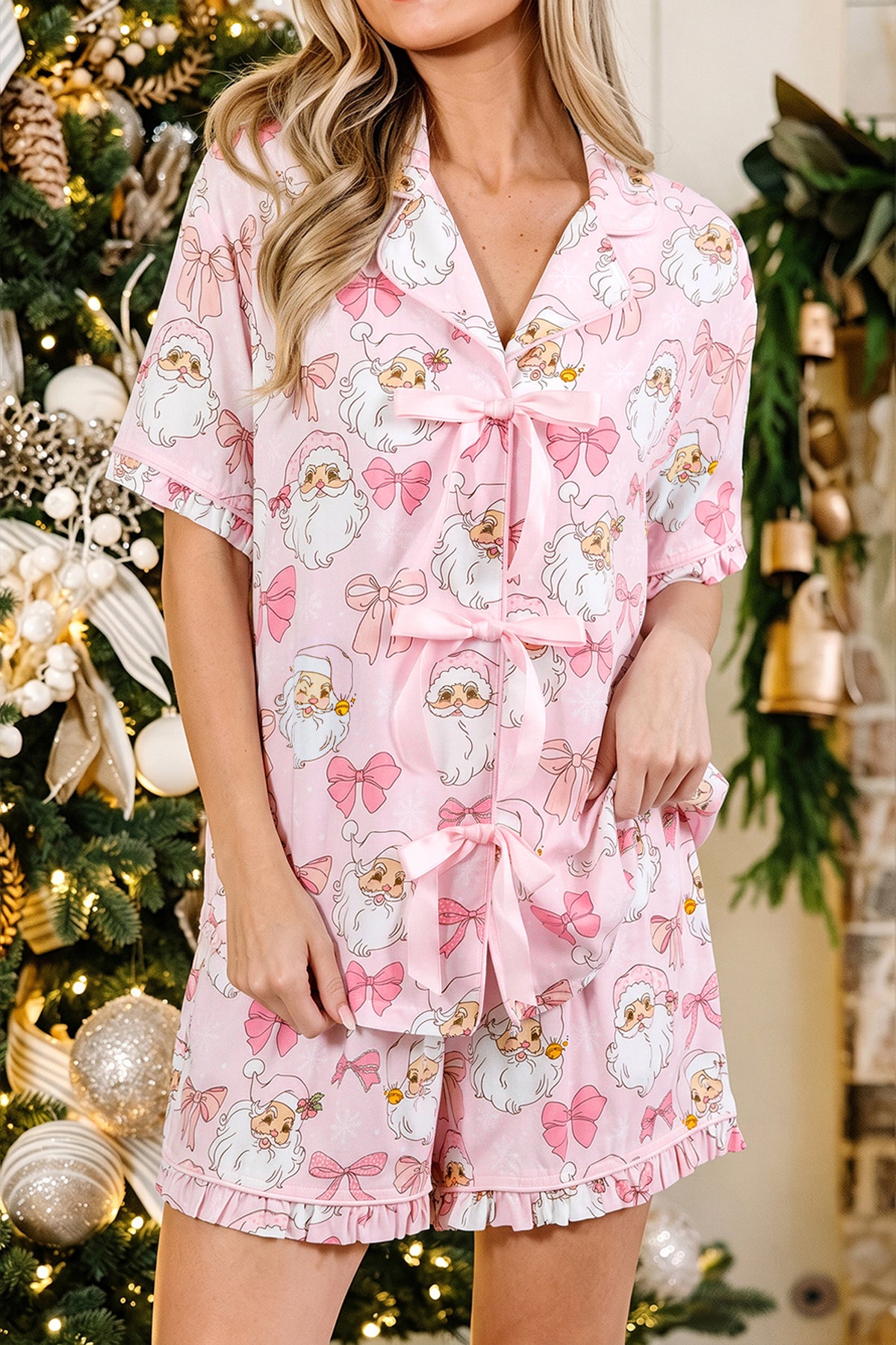 PRE-ORDER: Pink Santa Short Sleeve Lounge Set