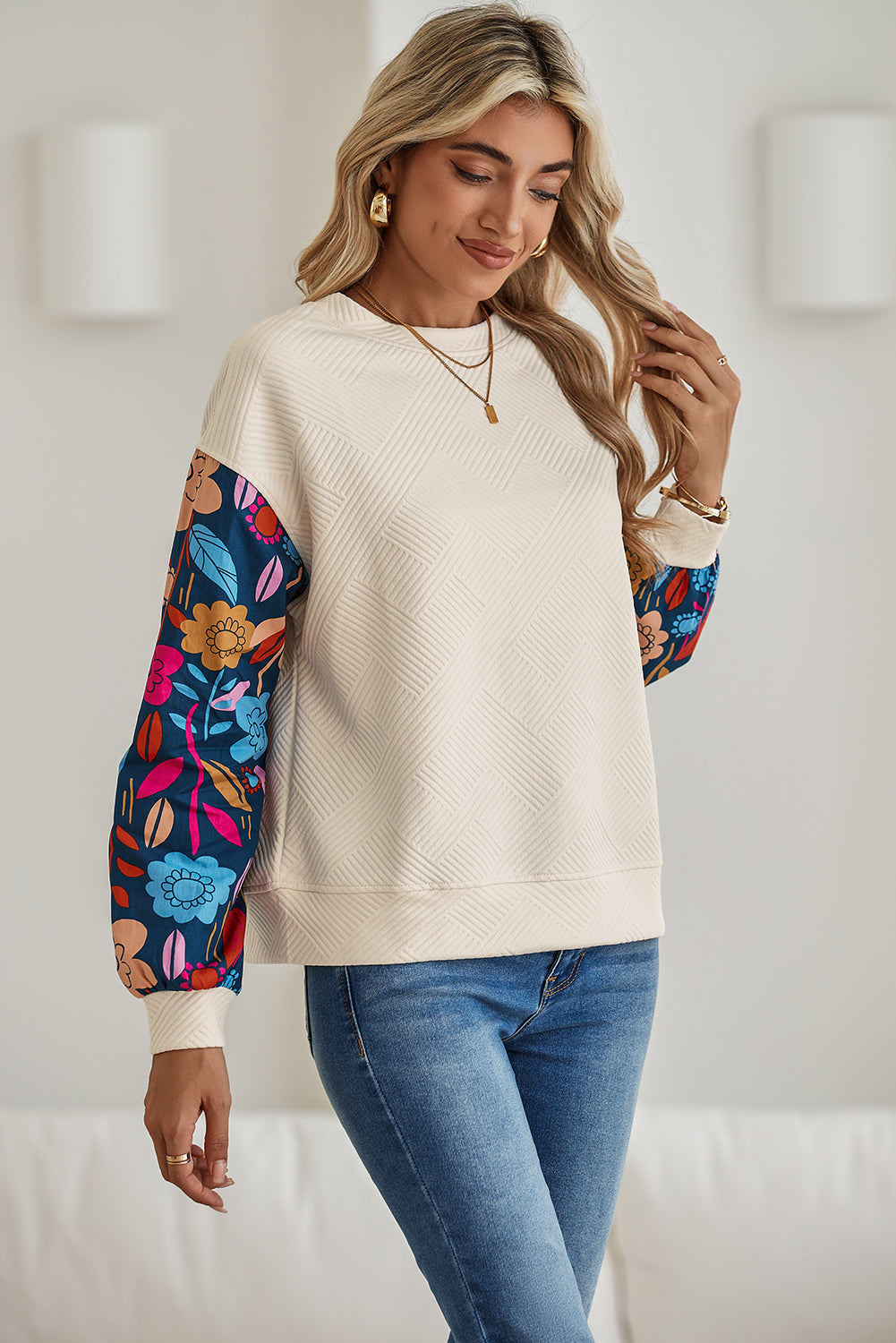 PRE-ORDER: Vintage Flower Patchwork Sleeve Textured Top