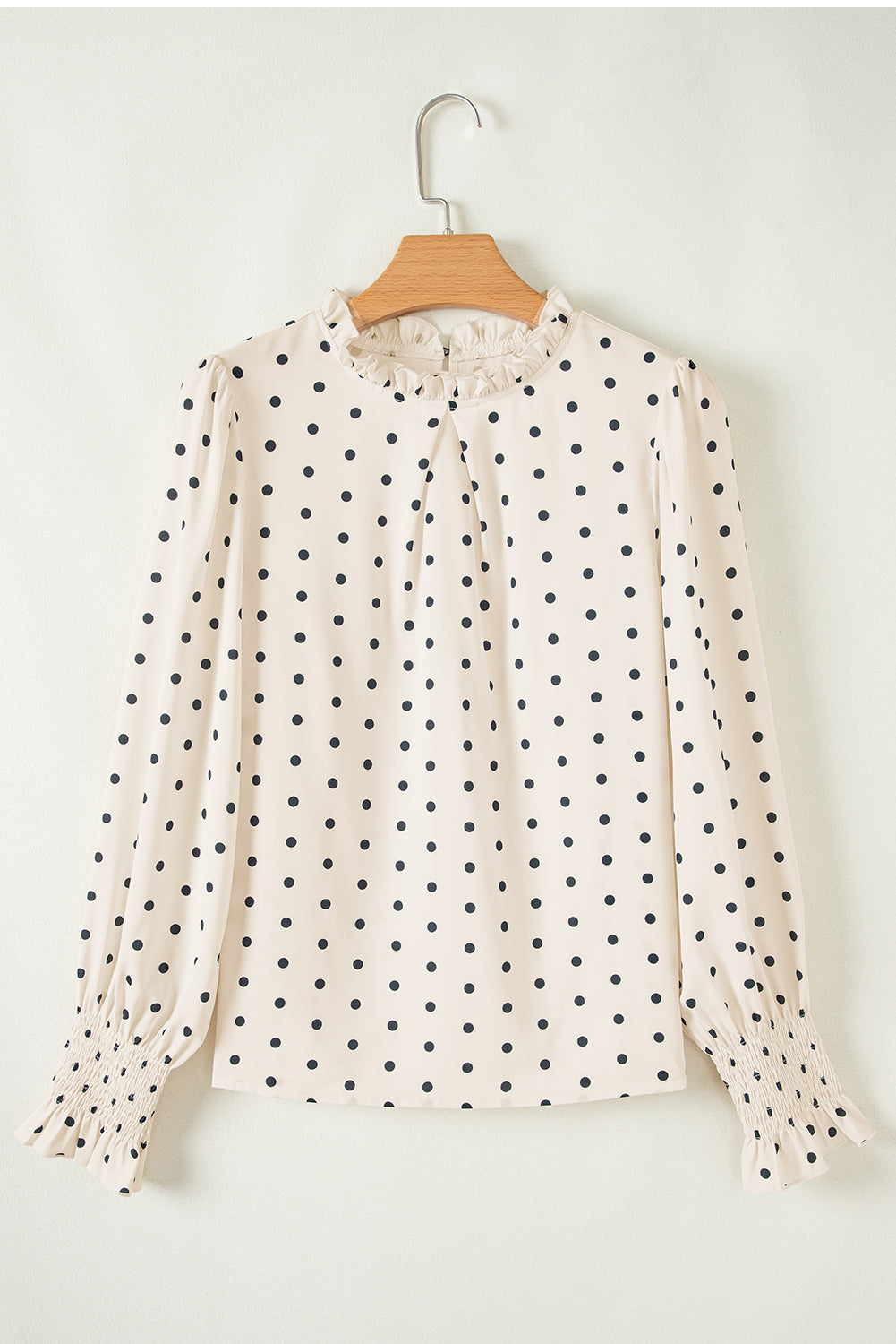 PRE-ORDER: Apricot Polka Dot Print Frill Neck Smocked Lantern Sleeve Blouse