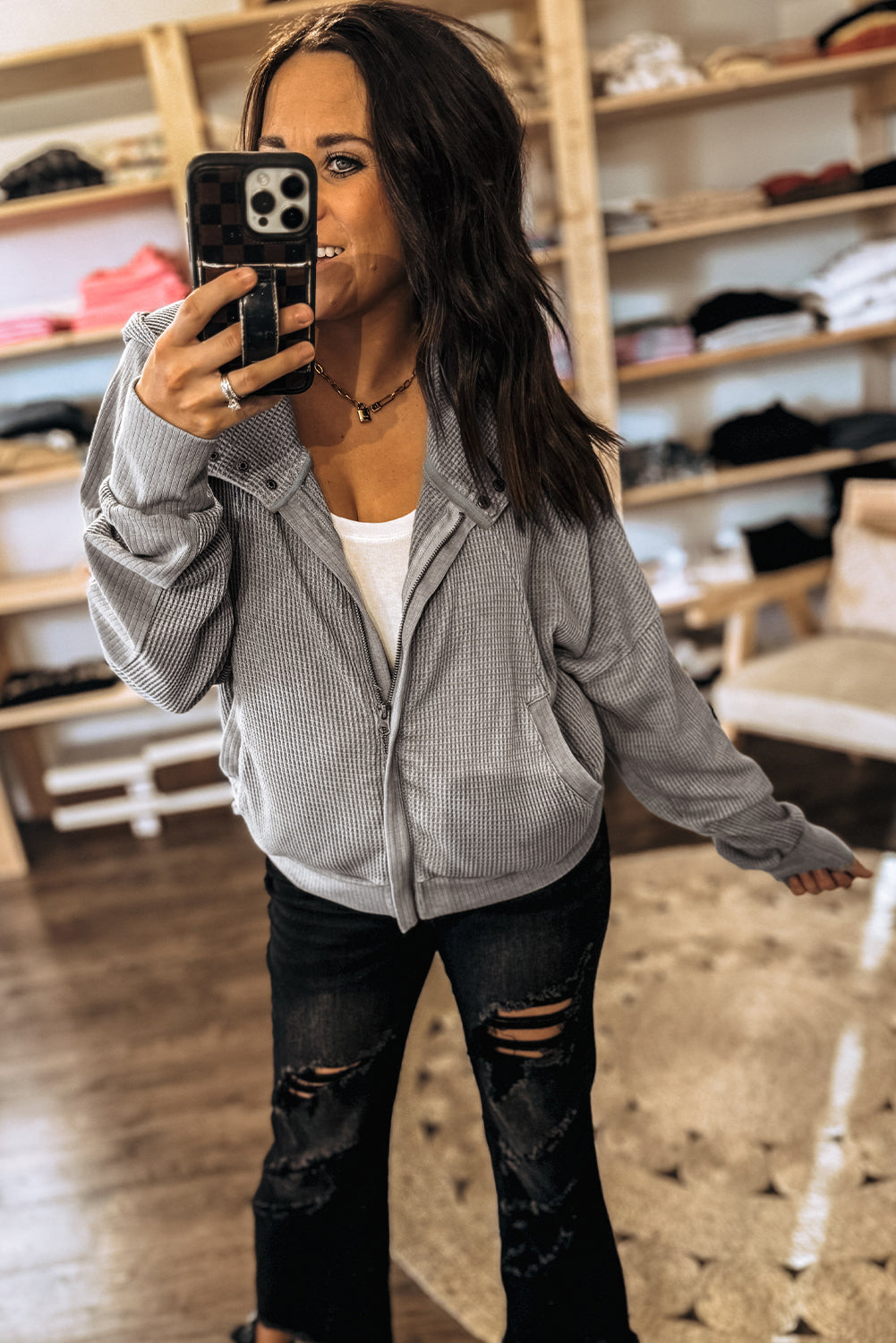Waffle Splicing Zip Up Front Button Hooded Jacket