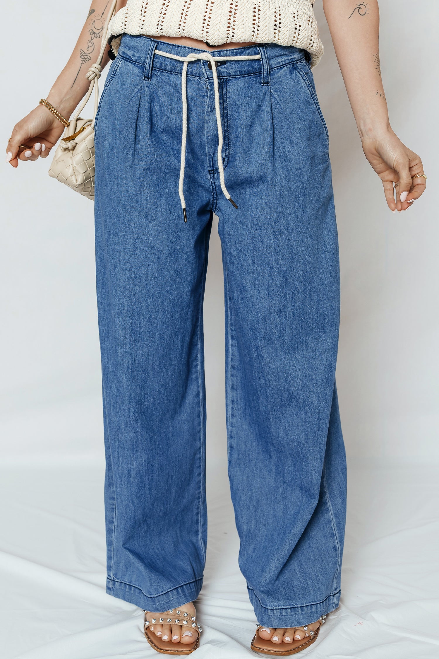 PRE-ORDER: Dusk Blue Lace-up Pull on Wide Leg Jeans