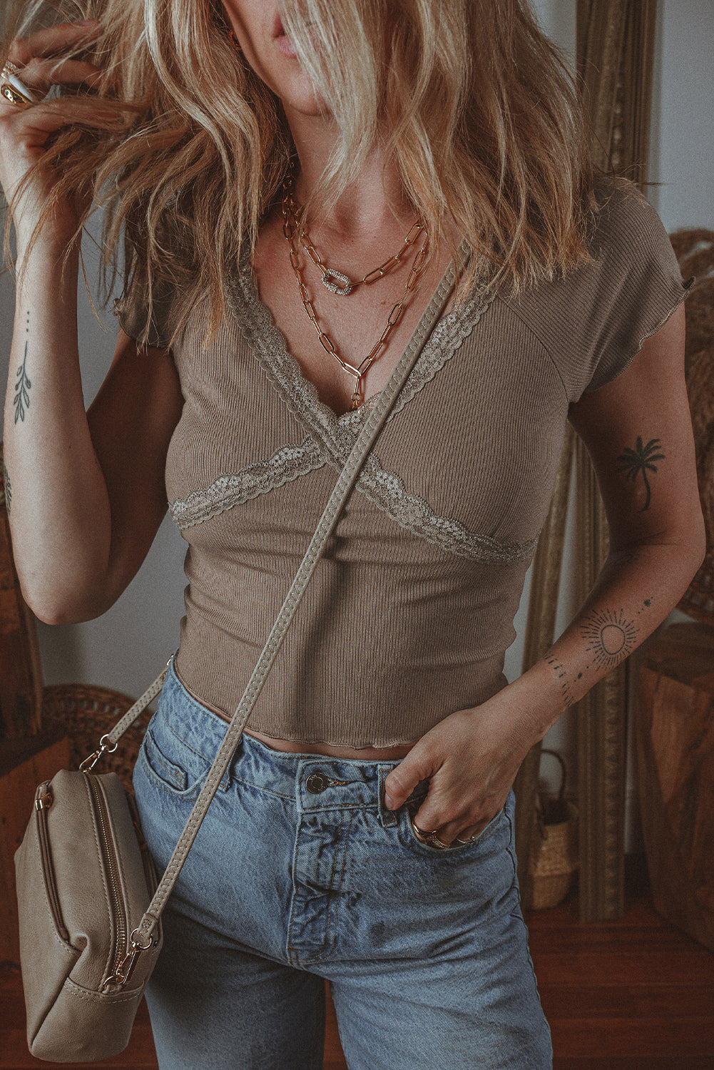 Dark Brown Lace Criss Cross Slim Fit V Neck Tee