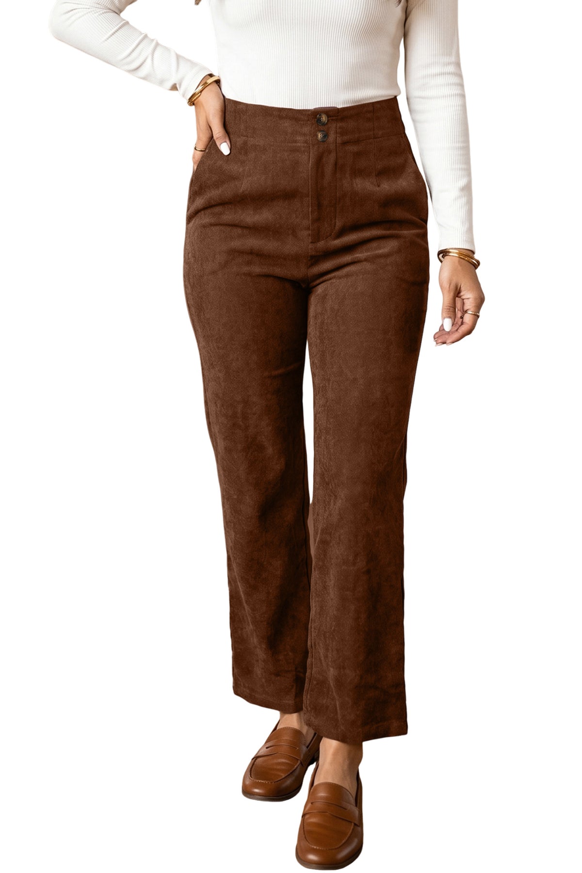 PRE-ORDER: Coffee Elastic Waist Straight Leg Ankle Length Corduroy Pants