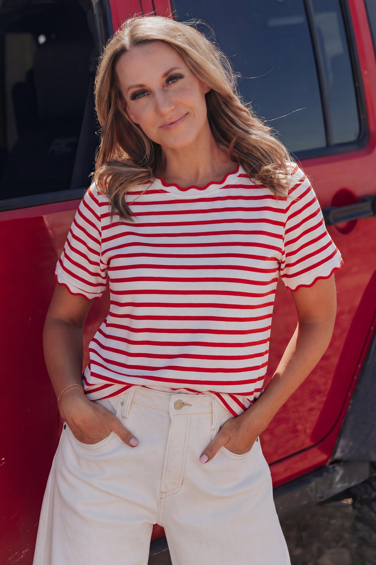 Black Stripe Scalloped Trim Round Neck T Shirt