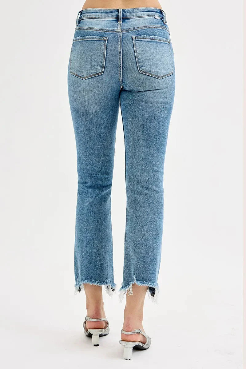 High Rise Crop Straight Slim Medium Wash Jeans